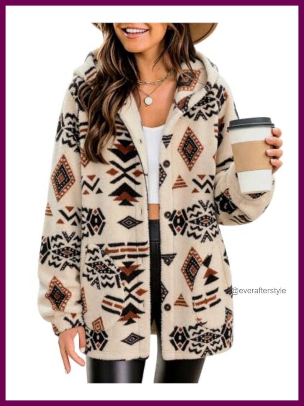 SELINK Womens Aztec Print Fleece Hoodie Jacket Button Down Sherpa Coat